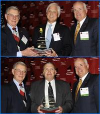 Top photo: Stephen Albertalli (left), Immediate Past Chair of HTNYS&rsquo; Governing Board and Trustee of Corning Hospital, presents the 2009 Trustee Leadership Award to D. Joseph Gersuk, Trustee of Ellis Hospital, Schenectady. At right is HTNYS&rsquo; Chair, Richard Hawks, Jr. Bottom photo: Howard T. Howlett, Jr. (center), Trustee of WCA Hospital, accepts the 2009 Trustee Advocacy Award from Mr. Albertalli and Mr. Hawks. 
