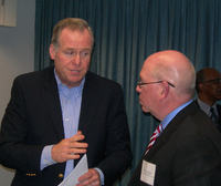 Assemblyman Michael Fitzpatrick (left) discussing impacts of proposed state Medicaid taxes and cuts with NSHC President Kevin Dahill.