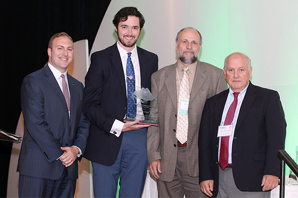Christopher Cells, RN-BC, CPHQ, MSN, Director of Nursing Informatics and Performance Improvement (second from left), and Robert Ehlers, Director of Physical Therapy, accepted the Pinnacle Award on behalf of St. Joseph Hospital, Bethpage; pictured here with Nick Henley, HANYS Vice President of External Relations (left); and Dr. Robert Panzer, HANYS’ Quality Steering Committee Chairman and Associate Vice President for Patient Care Quality and Safety and Chief Quality Officer, Strong Memorial Hospital (right)